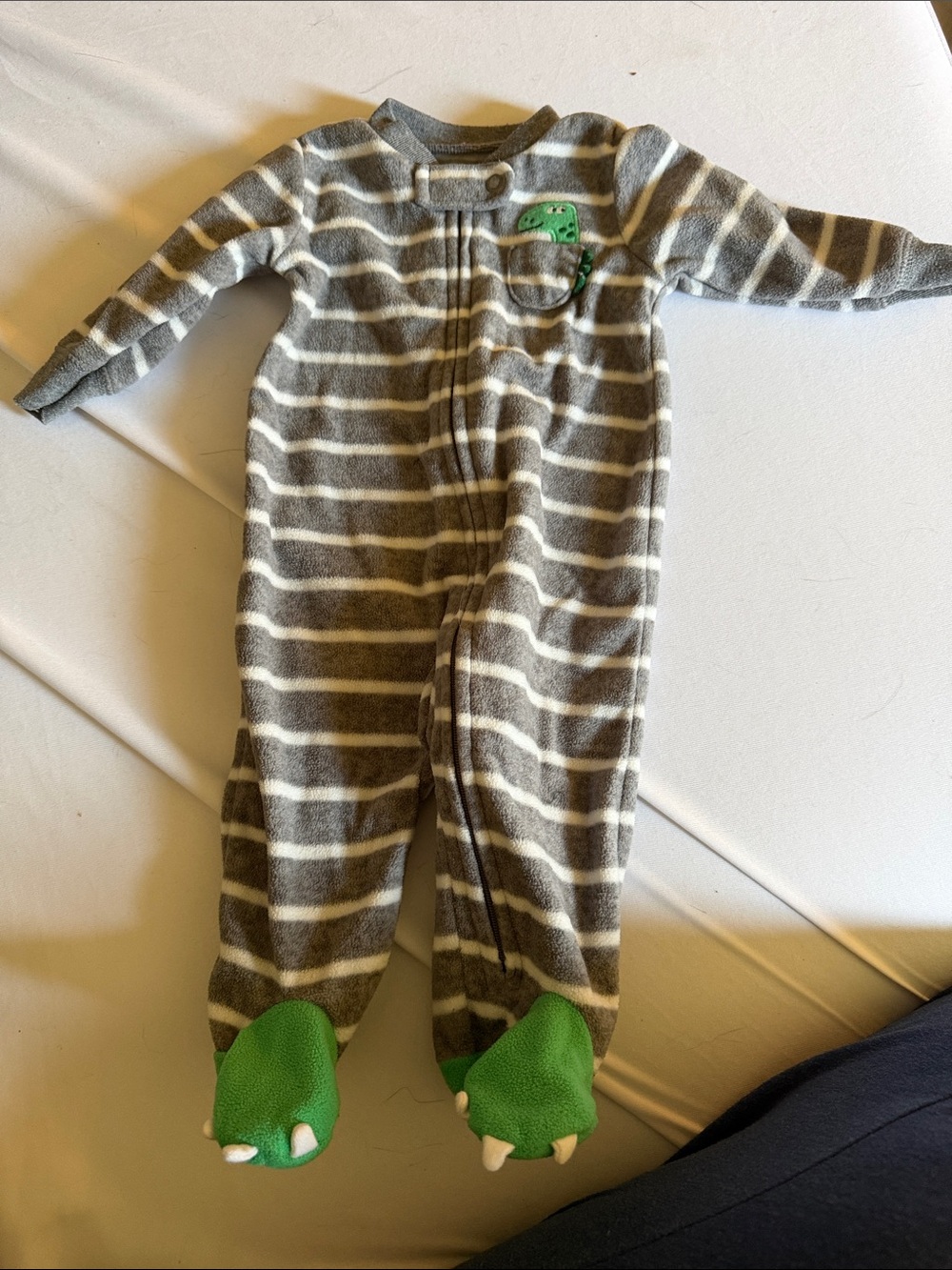 Carter's Gray and White Striped Fleece Footed One-Piece with Green Dinosaur Feet